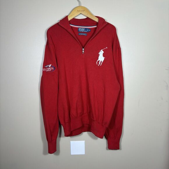 Polo Ralph Lauren Tennis US Open 1/4 Zip Sweater 2013 Red Sz XL Big Pony Vintage